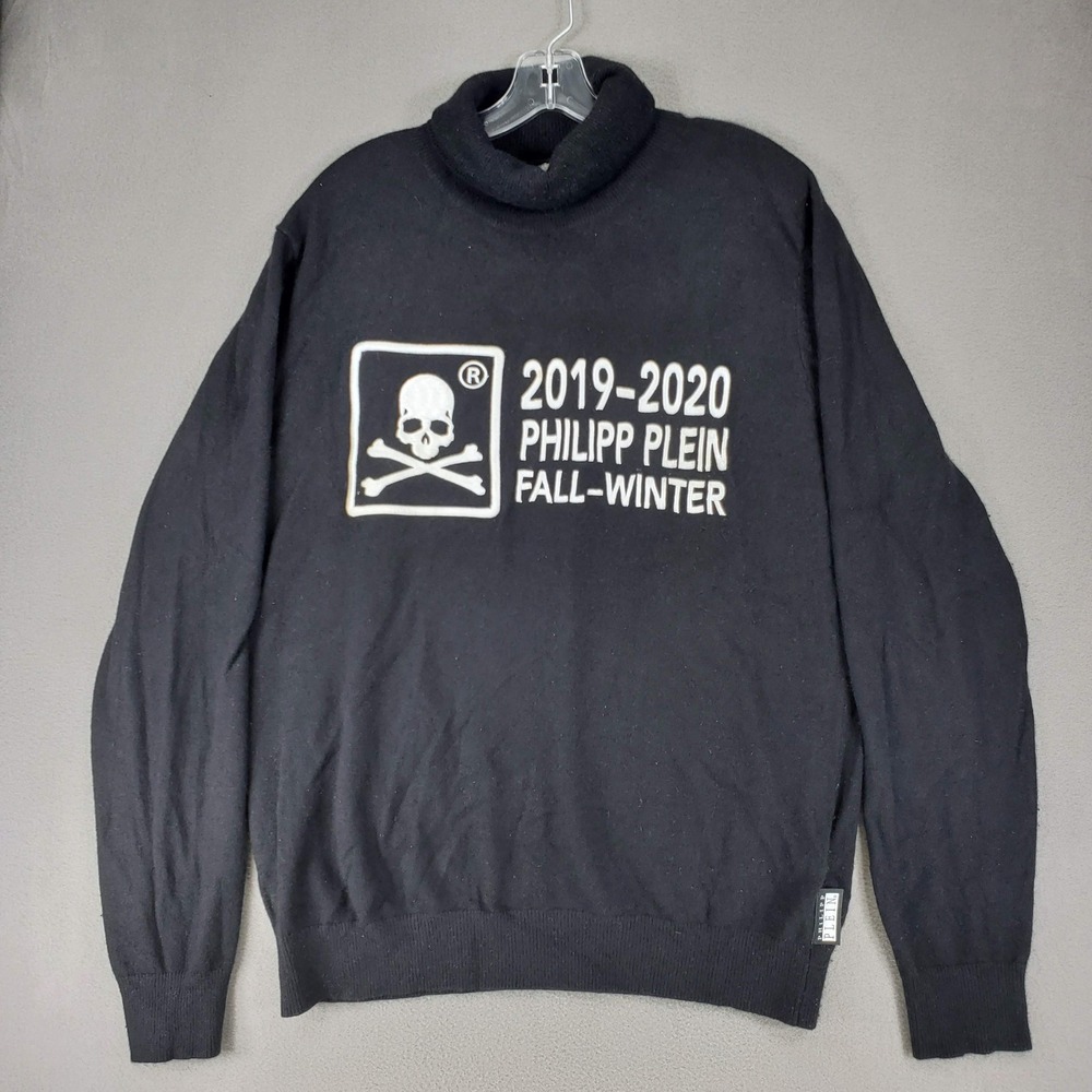 Philipp Plein Turtle Neck LS Mens L Black 100% Cashmere Skull Graphic 2019-2020